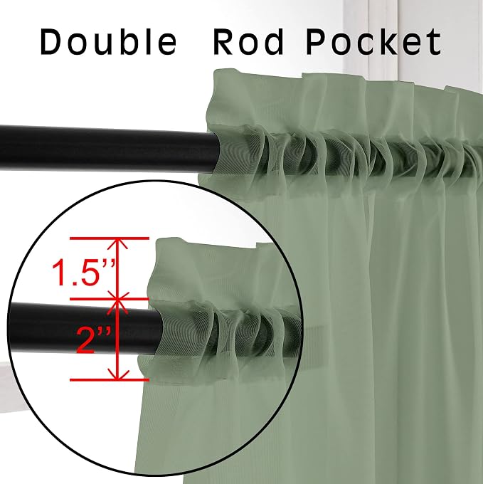 2 Panels Window Sage Green Sheer Curtains 42" x 45" Inches - Image 3