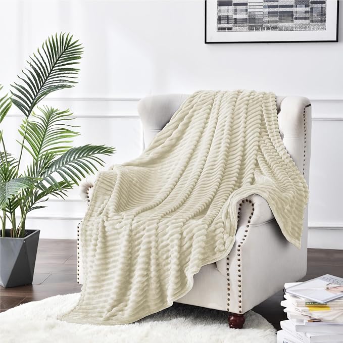 BEDELITE Ribbed Jacquard Beige Fleece Throw Blanket - Image 7
