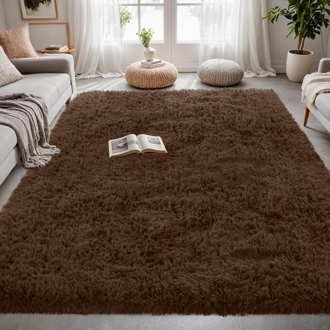4x6 Fluffy Shag Area Rugs for Living Room Bedroom: Soft Plush Carpet Brown | - Image 2