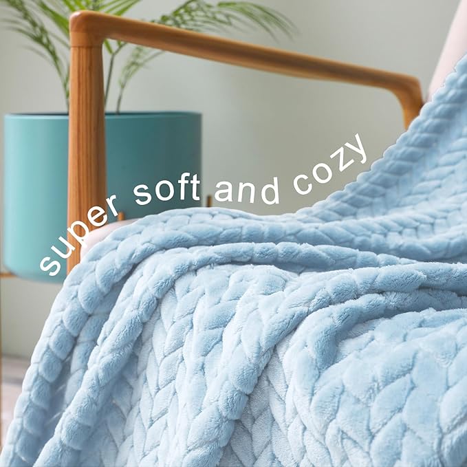 Exclusivo Mezcla Fleece Twin Size Blanket for Bed, 90x66 Inches Soft Cozy Jacquard Flannel Blankets, Lightweight Fuzzy Plush Warm for Winter, Light Blue