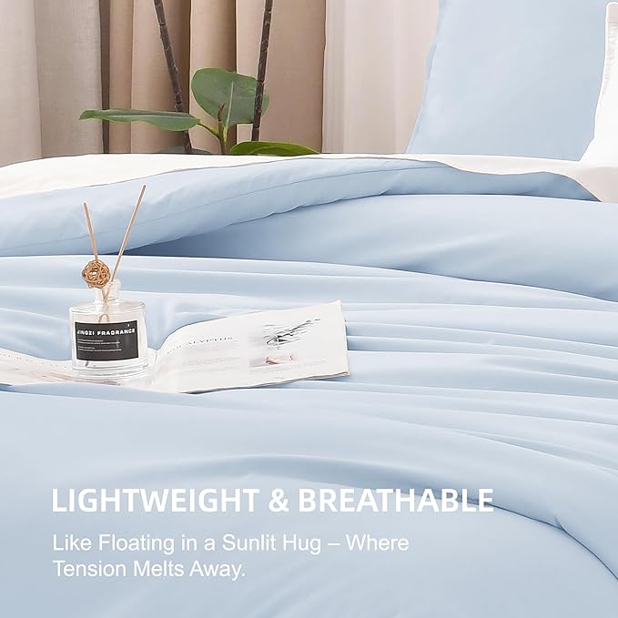Litanika Comforters Light Blue King Size, 3 Pieces Lightweight Solid Bedding Comforter Set, All Season Fluffy Bed Set (104x90In Comforter & 2 Pillowcases)