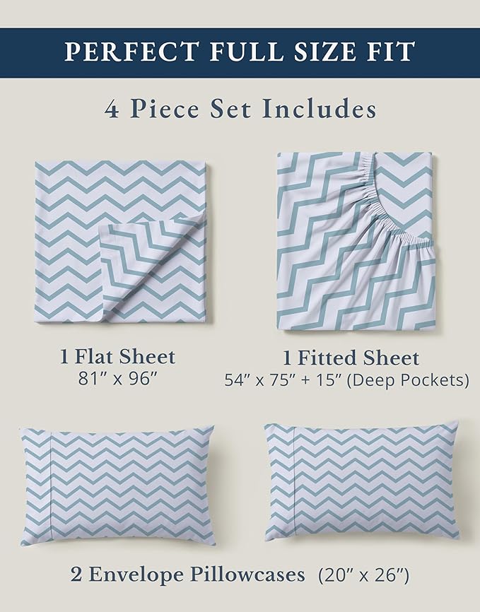 LANE LINEN 100% Organic Cotton Full Size Sheet & Pillowcase Sets, Fully Elasticized Soft & Comfy Printed Percale Bedding, Temperature Regulating Printed Cotton Sheets Full - Chevron