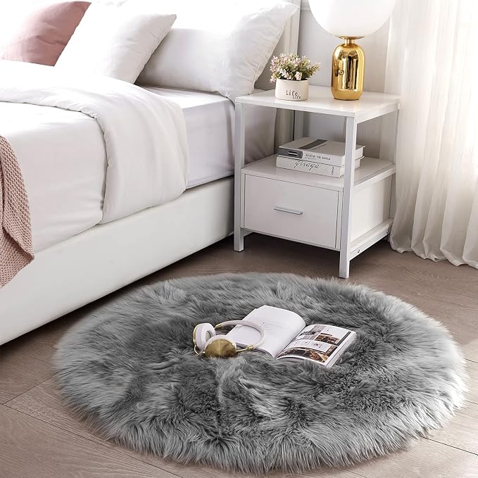 SERISSA 5x5 Fluffy Grey Round Faux Fur Area Rug - Image 2