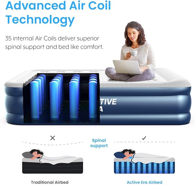 Active Era Premium 20" Queen Air Mattress with Built in Pump, Raised Pillow, Puncture Resistant Waterproof Soft Top, Elevated Inflatable Bed for Guests Queen Size Blow Up Mattress, Quick Electric Pump
