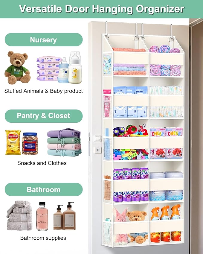 Heavy Duty Over The Door Organizer 5 Tiers, Extra Large Behind Door Storage of 10 Big Front & 10 Mesh Pockets, 80lb Weight Capacity, Hanging Doors Storage Organizer for Closet Bedroom Nursery, Beige