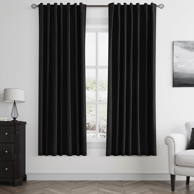 Black 100% Blackout Linen Curtains 63 Inch Length 2 Panels Set by Guken