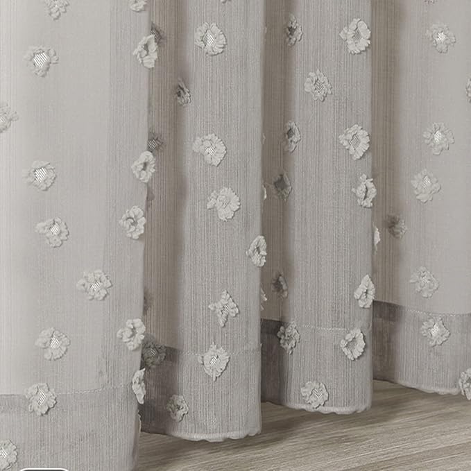 MYSKY HOME Pom Pom Grey Sheer Curtains for Bedroom Girls Room Curtains 120 Inches Long for Nursery Kids Light Filtering Boho Window Drapes, Rod Pocket, 38" Wide, 2 Panels