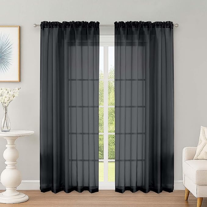 Black Sheer Curtains 72 Inches Long 2 Panels Set, Transparent Voile Sheer by OWENIE