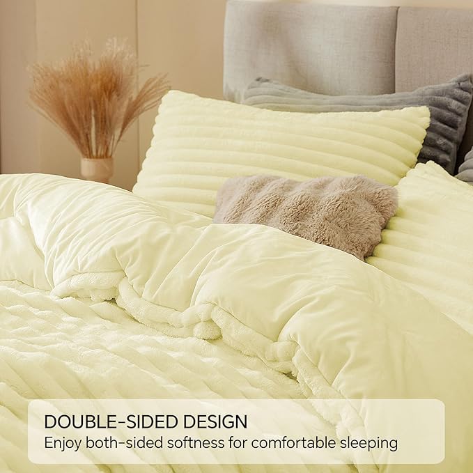 BEDELITE Fleece King Comforter Set -Super Soft & Warm Fluffy Transparent Yellow Bedding, Luxury Fuzzy Heavy Bed Set for Winter with 2 Pillow Cases