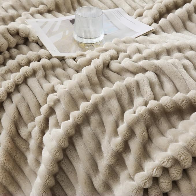 Khaki Throw Blanket for Couch Sofa 50x60 inches Striped Design | Fleece - Image 6