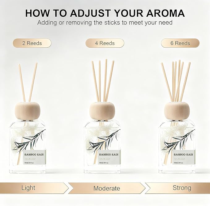 Reed Diffusers for Home, Bamboo Rain Scent 100ml （3.38oz） | Long-Lasting Natural Scented Oil for Use in Home, Bathroom, Office & Room Decor | Aromatherapy Air Freshener
