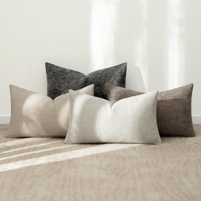 MIULEE Decorative Chenille Lumbar Pillow Covers Neutral 12x20 Pack of 4 | Mid - Image 3