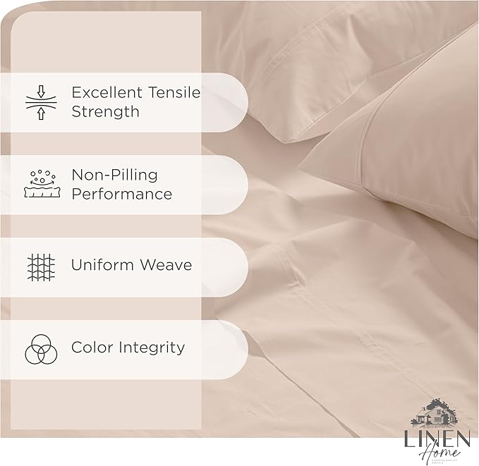 Linen Home 100% Cotton Percale Sheets Full Size, Sand Shell, Deep Pocket, 4 Pieces Set - 1 Flat, 1 Deep Pocket Fitted Sheet and 2 Pillowcases, Crisp Cool and Strong Bed Linen