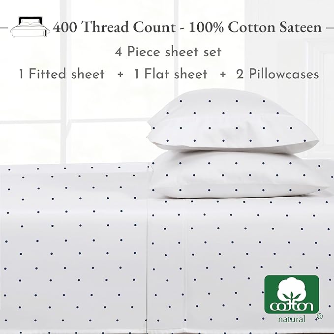California Design Den Full Size Bed Sheets Set - 400 Thread Count Sateen, Natural 100% Cotton Sheets for Full Size Bed, Deep Pocket Cooling and Durable Bedding Set - Polka Dot
