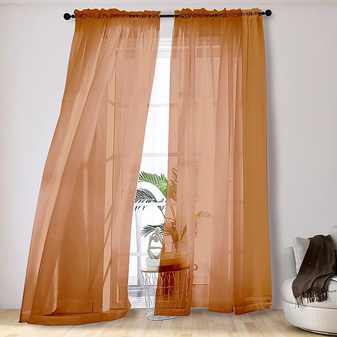 Orange Sheer Curtains 108 Inches Long, Light Filtering Semi Transparent by OVZME