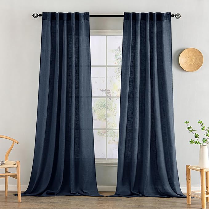 MIULEE Navy Blue Linen Curtains 52x96 Inch Length 2 Panels by MIULEE
