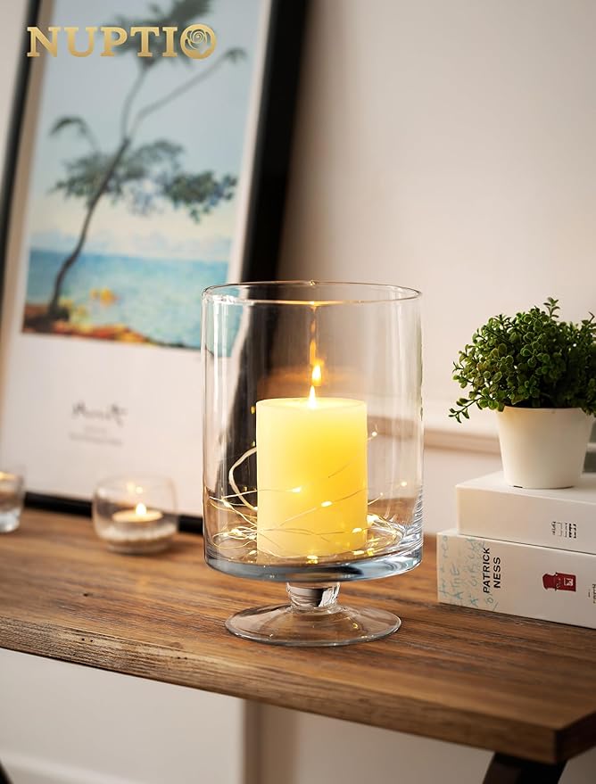 Nuptio 2 Pcs Glass Flower Vase - Large Pillar Candle Holder, 8.7in Tall Glass Cylinder Candle Holder Hurricane Ornament for Wedding Party Dining Table Home Centerpieces Housewarming Gift