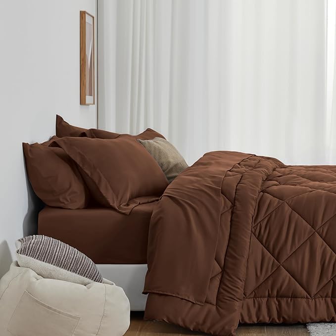 Love's cabin Twin XL Comforter Set Brown, 5 Pieces Twin XL Bed in a Bag, All Season Bedding Sets with 1 Comforter, 1 Flat Sheet, 1 Fitted Sheet, 1 Pillowcase and 1 Pillow Sham