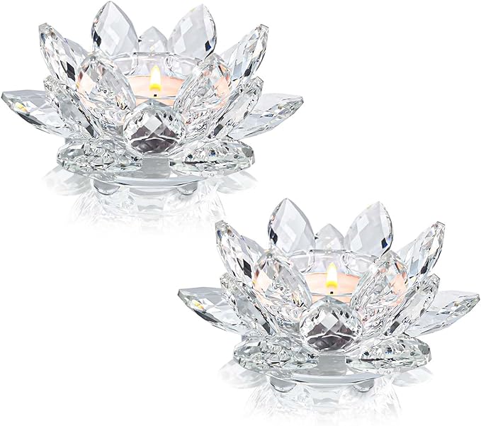Crystal Lotus Flower Tealight Candle Holders/Glass Tea Light Candlestick Decor Decoration for Christmas Home Wedding Party… (Clean 2pcs)