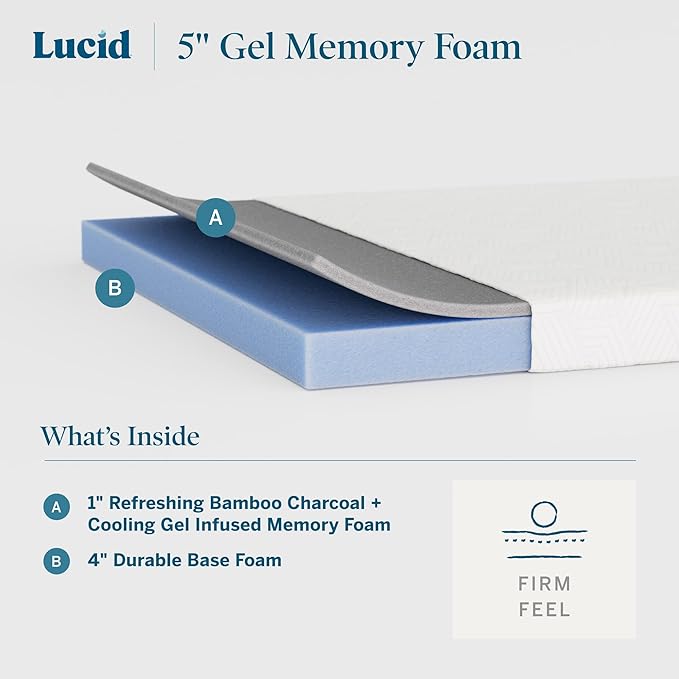 Lucid 5 Inch Memory Foam Mattress – Low Profile - Firm Feel - Infused with Bamboo Charcoal and Gel - Bed in a Box - Temperature Regulating - Breathable - Queen Size