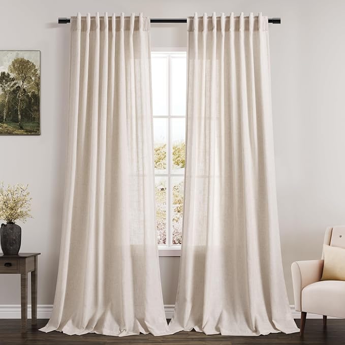 Beige Linen Semi Sheer Curtains 84 Inch Length 2 Panels Set Back Tab Rod Pocket by Nanspring
