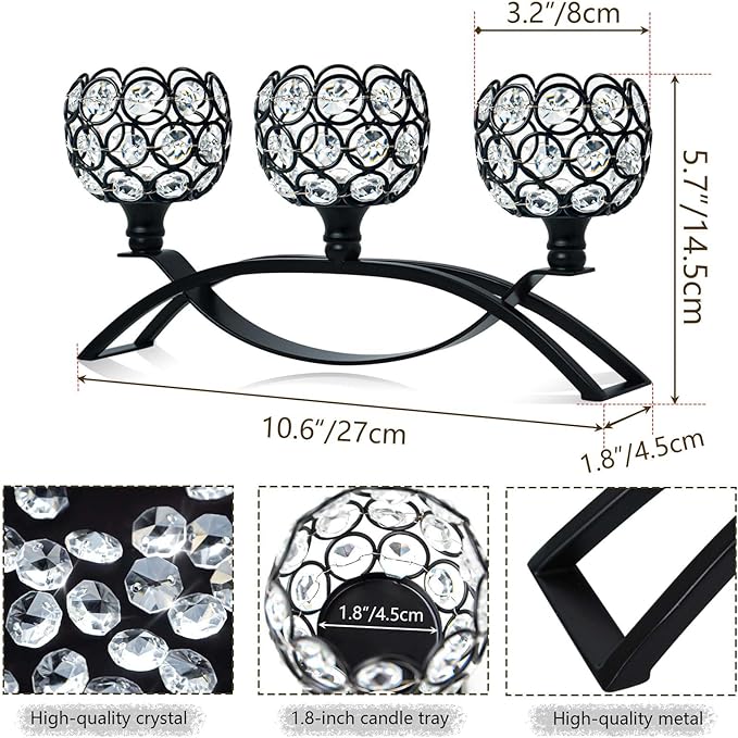 Crystal Tealight Candle Holder Centerpiece Home Decorative Candlestick Holder Elegant Table Centerpiece Home Decor Wedding Party Anniversary (Black, 3 Arm)