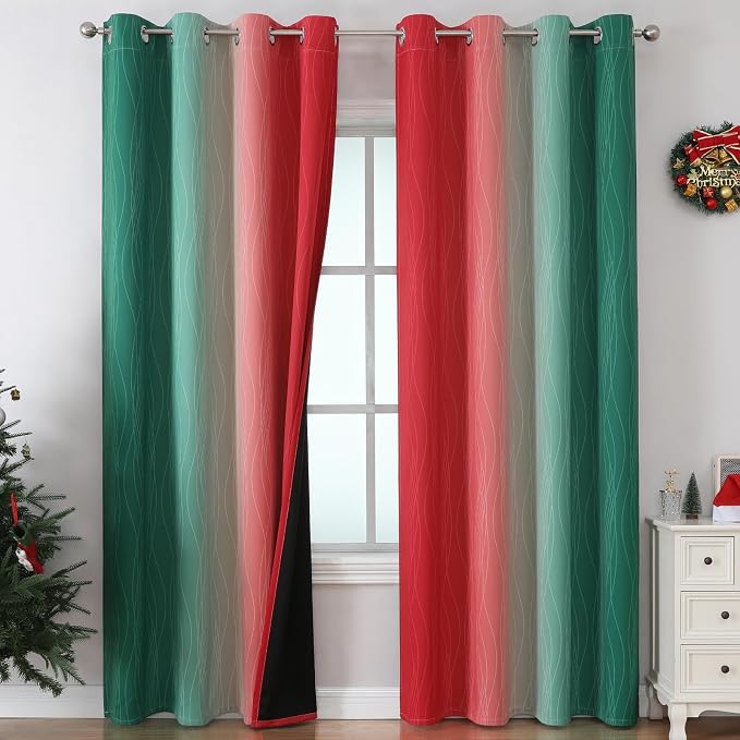 Red and Green Ombre Blackout Curtains 52Wx108L 2 Panels | Ombre Christmas - Image 2