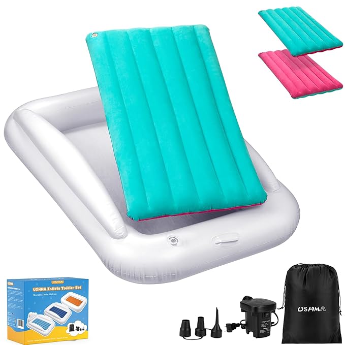 Inflatable Toddler Travel Bed, Portable Toddler Bed | Kids Air Mattress with Sides | Reversible 2 Colors Kids Blow Up Mattress -Mint Green & Pink