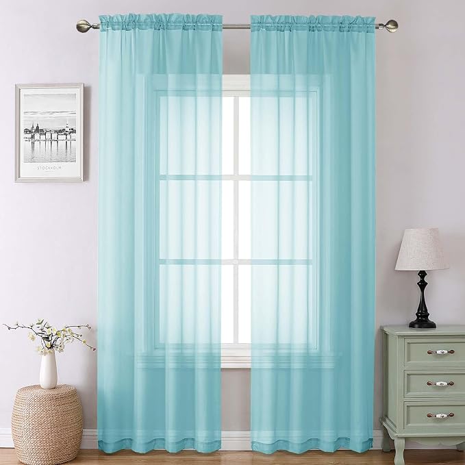 Aqua Sheer Curtains for Living Room 90 Inches Long 2 Pcs, Voile Solid Color by Lecloud