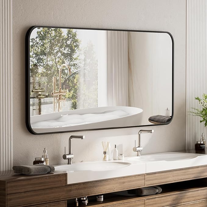 BEAUTYPEAK Black Rectangular Bathroom Mirror - 30" x 40" Wall Mounted Aluminum Alloy Frame Mirror with Rounded Corners for Bedroom Living Room, Horizontal or Vertical