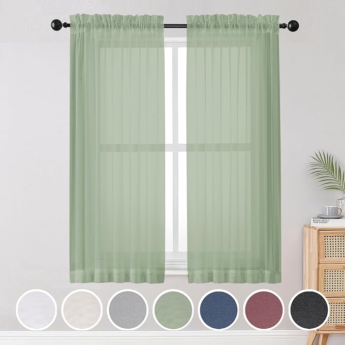 Sheer Curtains, Sage Green Sheer Curtains 63 inch Length 2 Panels Set, Rod by OWENIE