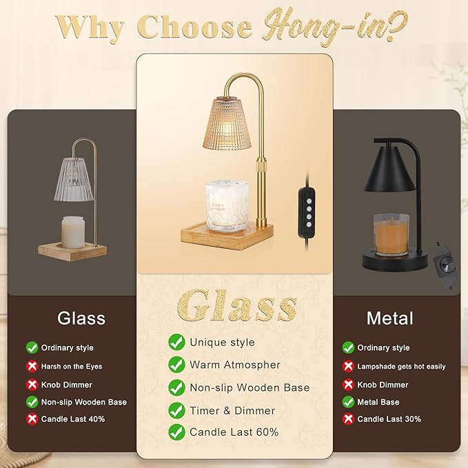 Adjustable Height Candle Warmer Lamp with Timer Dimmer,Birthday Gifts for Women Mom,House Warming Gifts New Home Room Decor,Vintage Wax Warmer for Scented Wax Jar Candles(Amber)