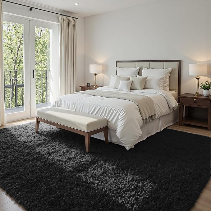 5x7 Fluffy Shag Area Rugs for Living Room Bedroom: Soft Plush Carpet Black | - Image 4