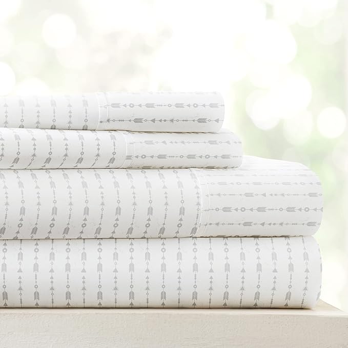 Linen Market 4 Piece King Sheet Set - Breathable, Double-Brushed Patterned Cooling Sheets – Oeko-TEX Certified Ultra Soft & Wrinkle-Free 16" Deep-Pocket King Sheets - Easy Care Beaded Arrows Gray