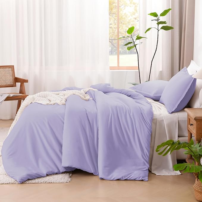 Litanika Lavender Purple Comforters Queen Size, 3 Pieces Lightweight Solid Bedding Comforter Set, All Season Fluffy Bed Set (90x90In Comforter & 2 Pillowcases)