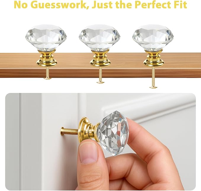 DEELF 24 Packs Kitchen Cabinet Knobs, 40 mm Crystal Cabinet Knobs, Diamond Dresser Handle Drawer Pulls, Dresser Knobs for Cabinets and Drawers, Gold Base