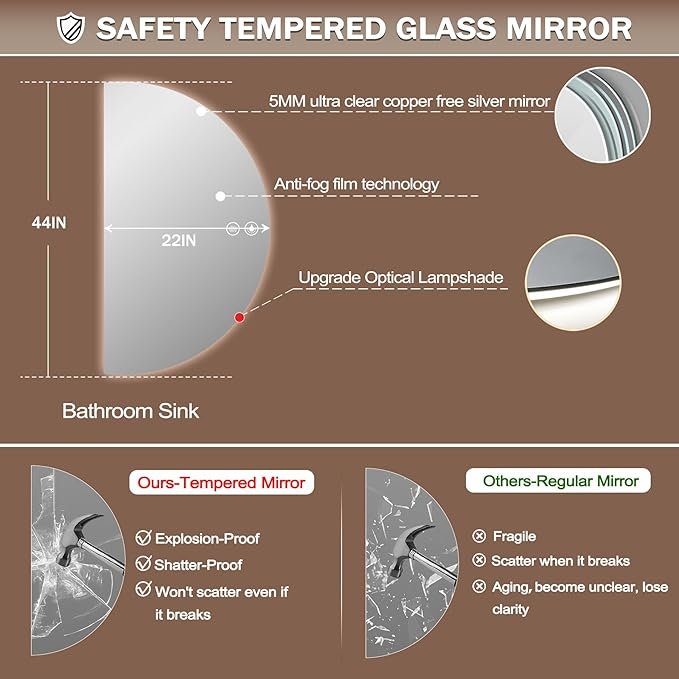 Half Moon Mirrors for Wall, 44"x22" Led Bathroom Mirror with Lights - 3-Color Backlit & Stepless Dimming-Anti-Fog-Modern Vanity Mirror-Shatterproof Glass-Memory
