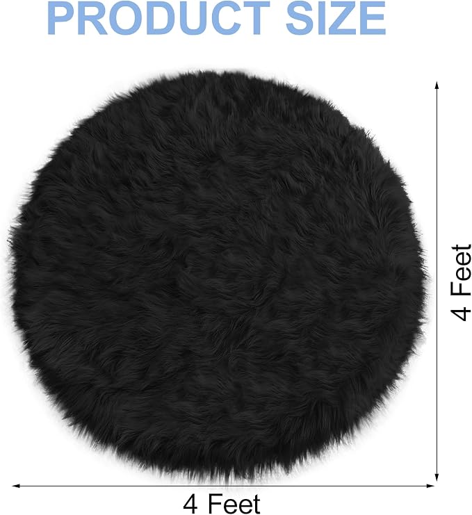 Faux Fur Black Round Rug 4ft for Bedroom, Plush Shaggy Circular Rug for Nursery - Image 2