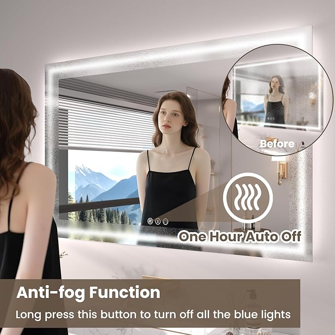 55"X36" LED Bathroom Mirror with Front Lights and Backlit, Anti-Fog, Dimmable, Shatter-Proof Tempered Glass, Lighted Bathroom Vanity Mirror for Wall with 3 Colors, Memory Function