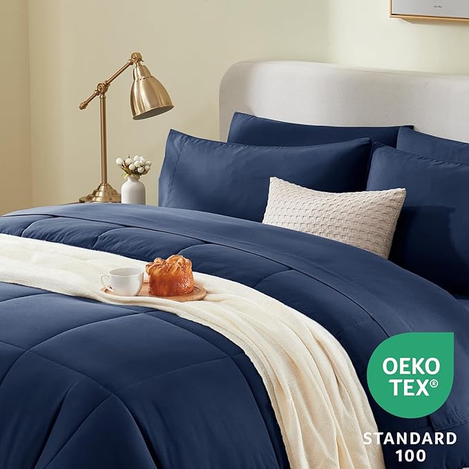 CozyLux California King Comforter Sets Navy Blue, 7 Pieces Cal King Bed in a Bag, All Season Bedding Sets with Stitch Quilted Comforter, Flat Sheet, Fitted Sheet, Pillowcases