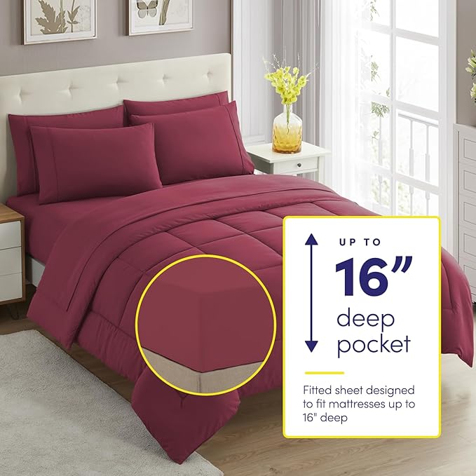 Sweet Home Collection 7 Piece Comforter Set Bag Solid Color All Season Soft Down Alternative Blanket & Luxurious Microfiber Bed Sheets, Burgundy, Twin (Pack of 4)