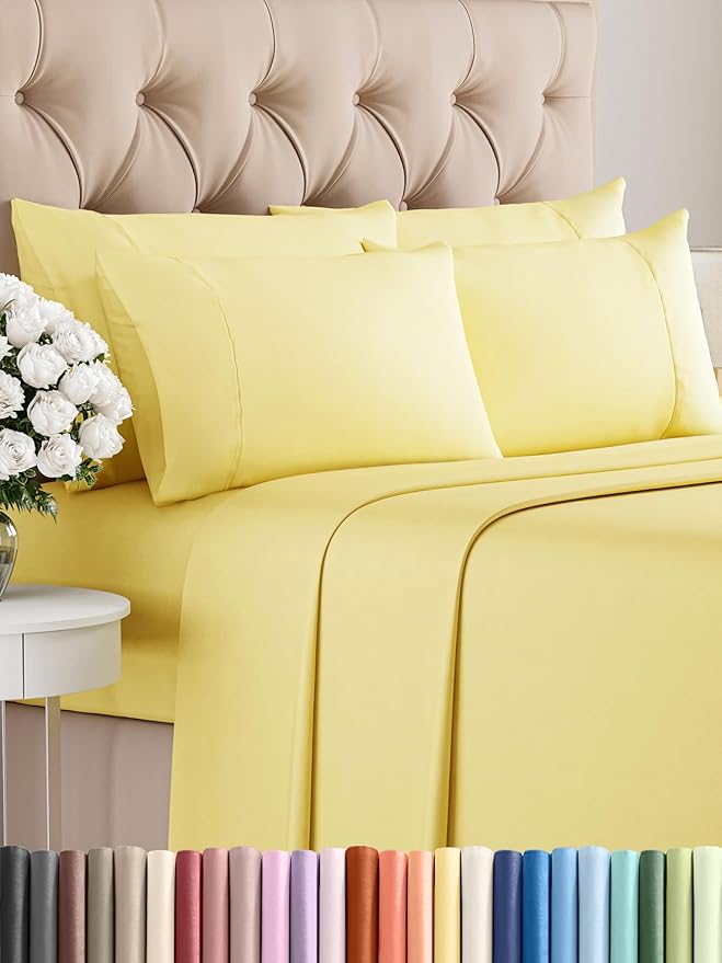 Queen 6 Piece Sheet Set - Comfy Breathable & Cooling - Ultra Soft Hotel Luxury Bedding Set w/ 8-16 Inch Deep Pockets - 1 Flat & 1 Fitted Sheet & 4 Pillowcases - Cozy, Wrinkle Free & Easy Care - Yellow