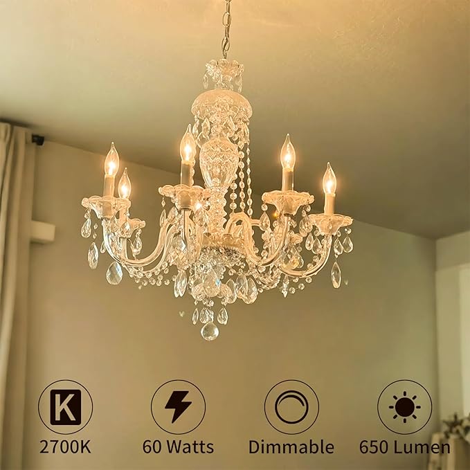 E12 Candle Light Bulbs 60W, Warm White 2700K Dimmable Chandelier Light Bulbs for Ceiling Fan or Pendants, CA10 Clear Candelabra Gold Base Bulbs, 20 Pack