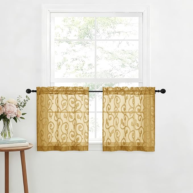 Furman Cafe Curtains 24 Inch Length 2 Panels Set, Elegant Geometric Jacquard by OWENIE