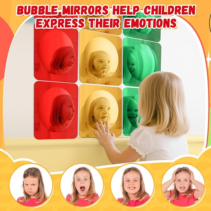 Geiserailie 9 Pcs Christmas Sensory Wall Mirror Acrylic Bubble Mirror Toys for Classroom Calming Corner Items - Sensory Room Have Visual, Tactile Stimulation (6 x 6 Inch,Red,Yellow,Green)