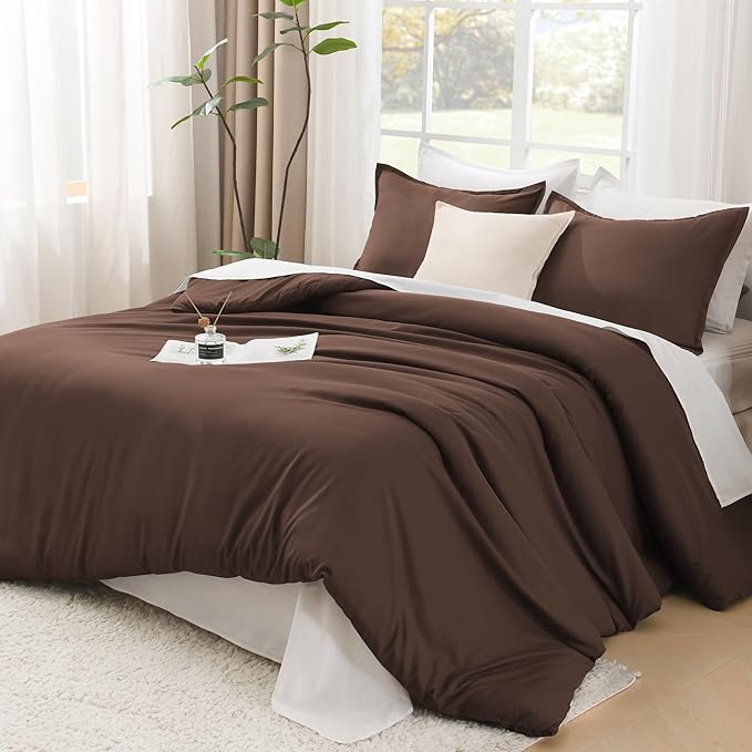 Litanika Brown Comforter Set Full Size, 3 Pieces Lightweight Solid Bedding Comforter Set, All Season Fluffy Bed Set (79x90In Comforter & 2 Pillowcases)