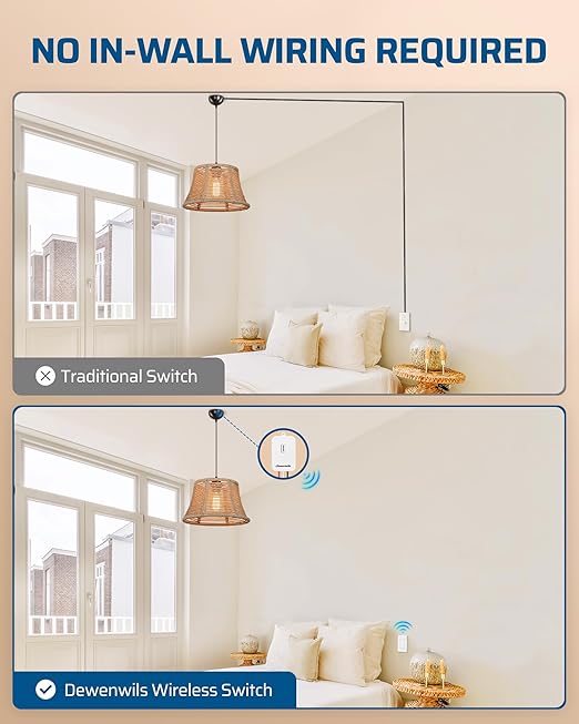 DEWENWILS Wireless Light Switch Kit - No Wiring, 15A High Power, No Wiring, 100FT RF Range, 3 Way Remote Control Wall Switches for Lamps, Ceiling Lights, Fans, 1 Transmitter+1 Receiver
