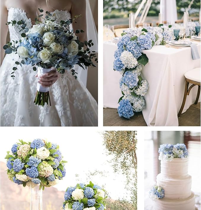 20 Pcs Blue and White Hydrangea Artificial Flowers Bulk, Faux Hydrangea Flowers Heads, Artificial Fake Silk Hydrangea Flowers with Stems, White Flowers Artificial for Decoration Wedding Décor