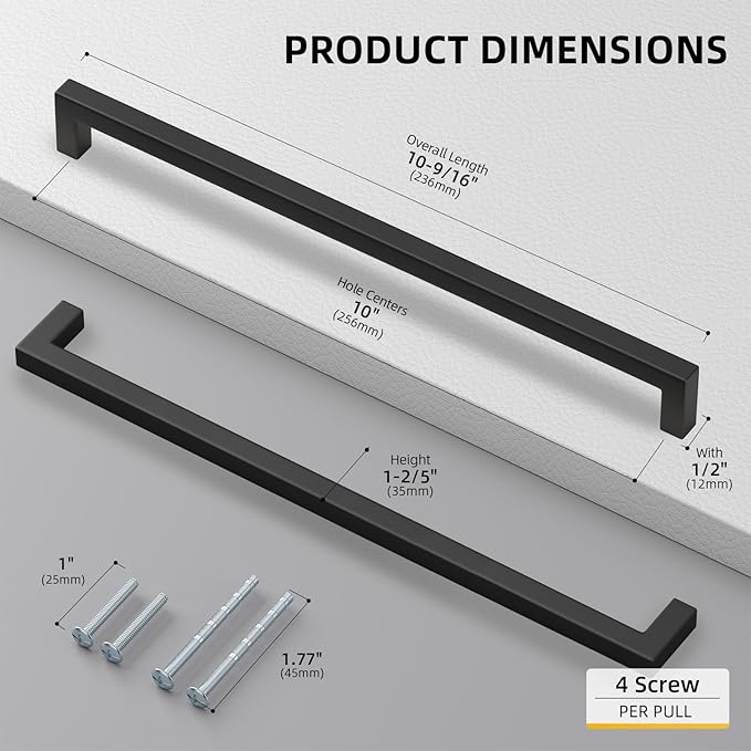 goldenwarm 60 Pack 10 Inch Black Cabinet Handles Matte Black Drawer Pulls Stainless Steel Cabinets Hardware Square Bar Modern for Kitchen Bathroom Cupboard