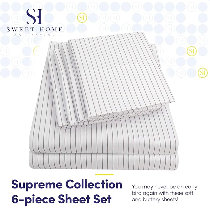 Full Size Bed Sheets - 6 Piece 1500 Supreme Collection Fine Brushed Microfiber Deep Pocket Full Sheet Set Bedding - 2 Extra Pillow Cases, Great Value, Full, Pinstripe White